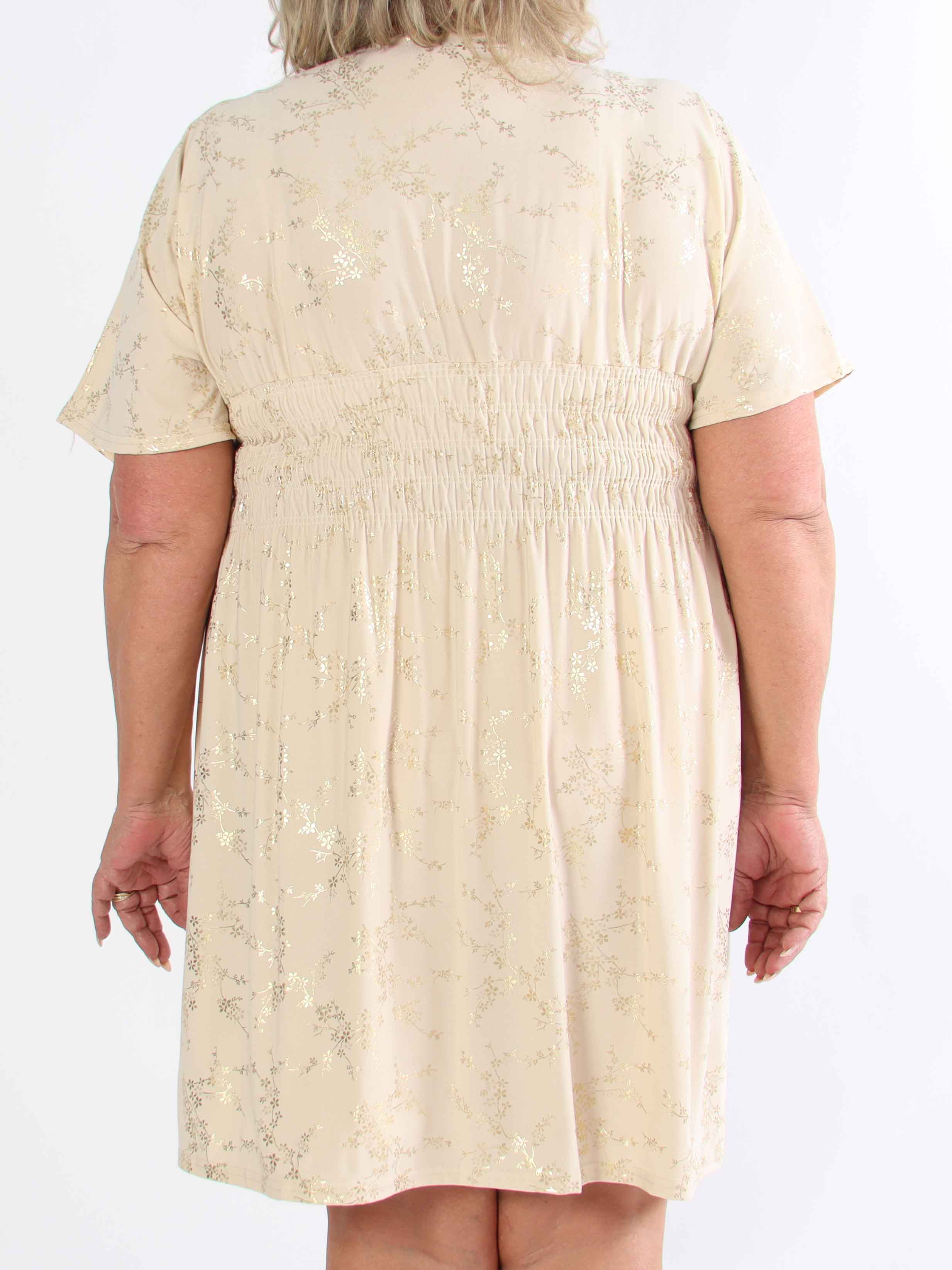 Pams Gold Short - Elastisk plus size kjole detaljeret med guld blomster